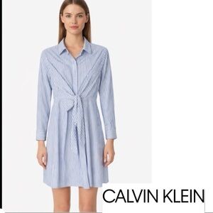 Calvin Klein Blue Stripe Tie-Front Shirt Dress Cotton Preppy Workwear Women 10